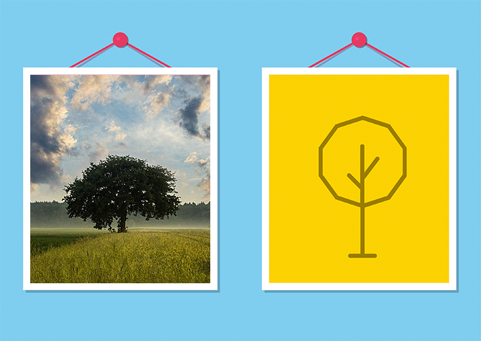 Vergleich der Wirkung einer Baum-Fotografie und einer Baum-Strichzeichnung