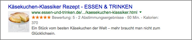 Google-Suchergebnis mit Bild und Zusatzinfos, wie Bewertung, Zubereitungszeit und Kalorien