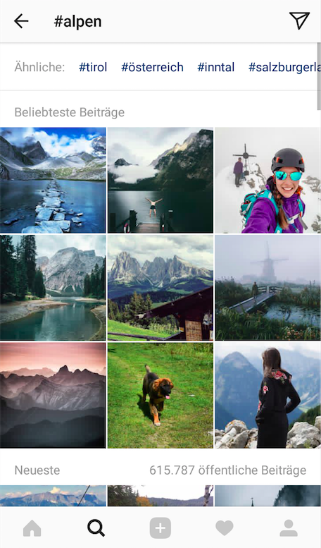 Instagram Suche mit Hashtag Alpen